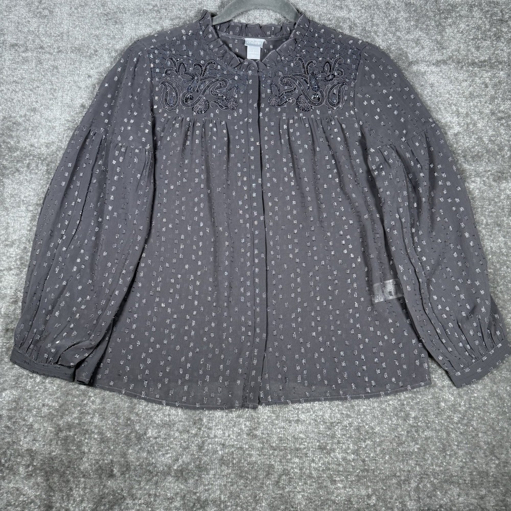 Chico's Blouse Size 2 12/14 Gray Metallic Semi Sheer Button Up Ruffle Collar